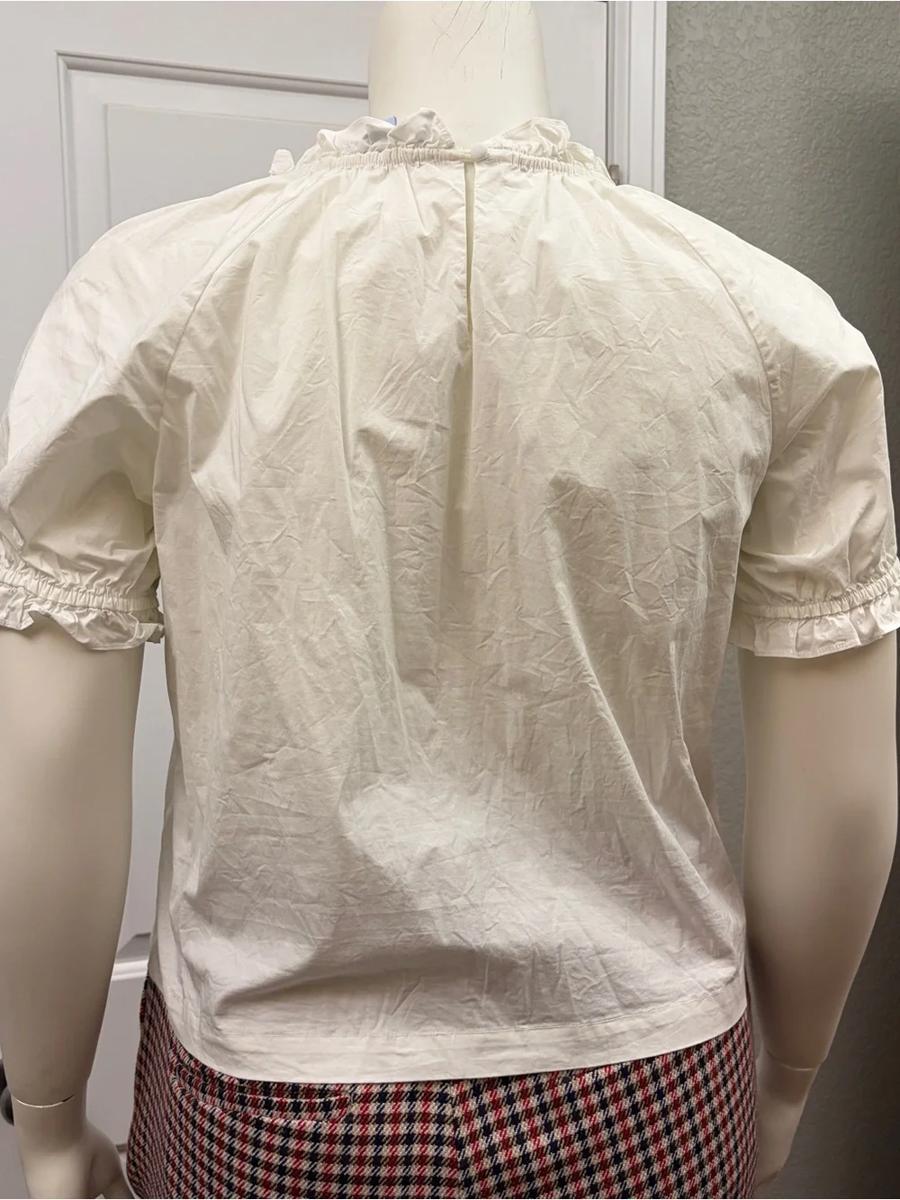 Hill House Home Cream Cotton Puff Sleeve Ruffle Neck Blouse XL